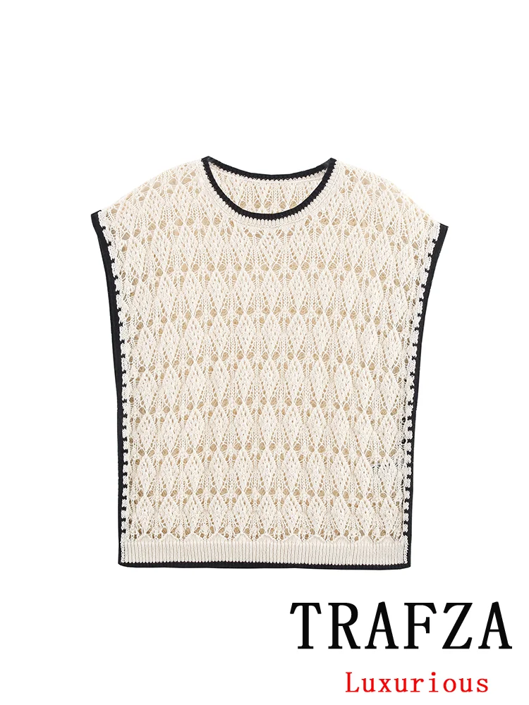 

TRAFZA Casual Chic Women Knit Tank Top Contrasting Lace O-Neck Mesh Loose Vest New Fashion Summer Beach Picnic Date Holiday Top