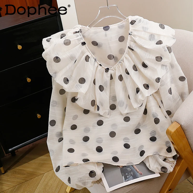 

2025 New Fashion Heavy Craft Retro Palace Style Polka Dot Round Neck Long Sleeve Top Doll Collar Cute Sweet Doll Feel Loose Top