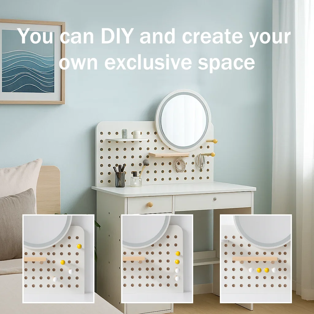 

Dressing table, dressing table with mirror, bedroom dressing table with drawers and open pegboard, bathroom dressing table, Spac