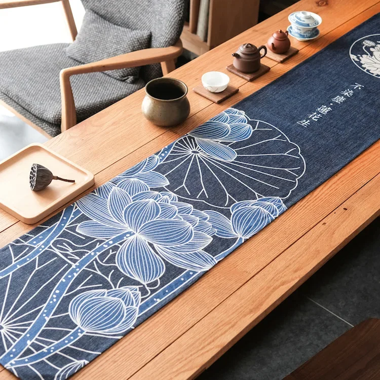 National Style Simple Chinese Lotus Table Runner Japanese Wave Table Flag Koi Fish Tablecloth Japanese Tea Ceremony Accessories