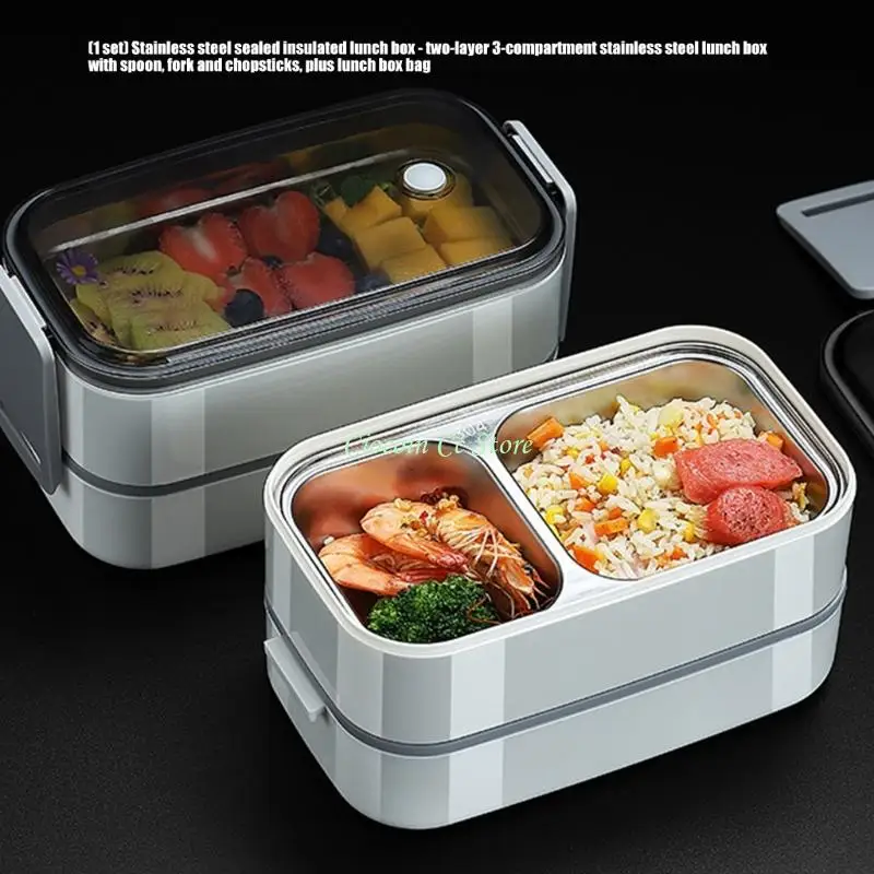 X90F Lunch Container Set with Carry Bag and Cutlery Case, Steel Box with 3 Sections and Double Layer Body for School