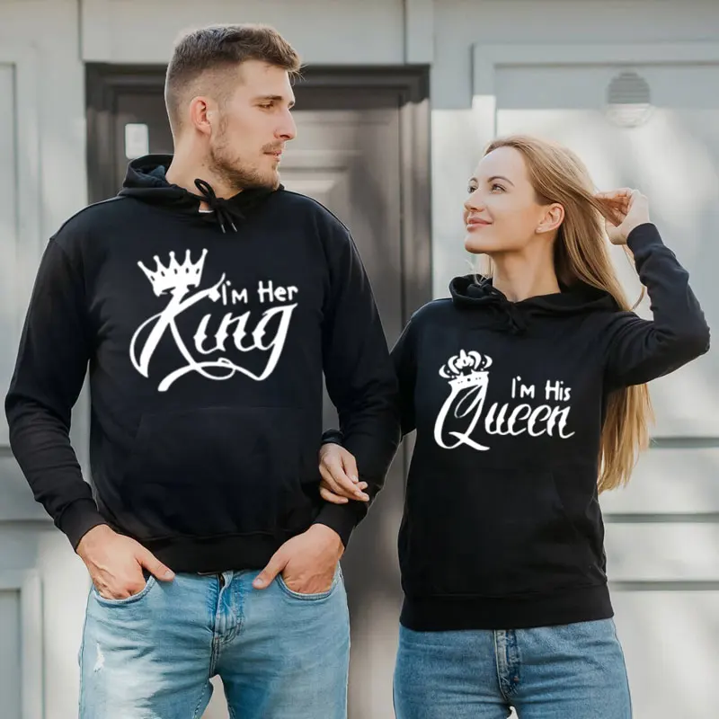 Women Hoodies King Queen Printed Sweatshirt Lovers Couples Hoodie Fashion Hooded Sweatshirt Matching Casual Pullovers Tops