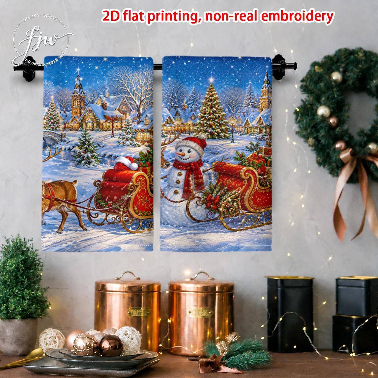 2pcs Christmas Kitchen Towels Set of 2 Vintage Winter Holiday Printed Dish Towels for Xmas Home Decor