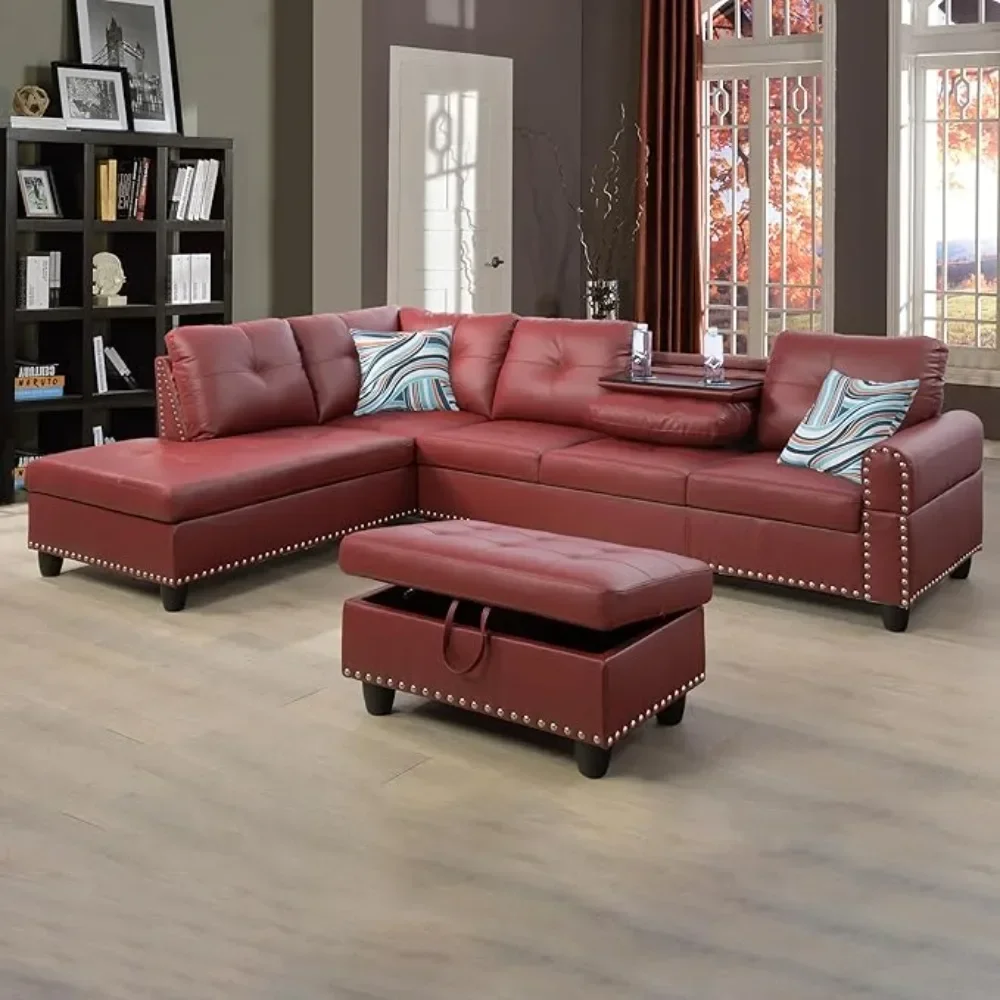 3-Piece Faux Leather Sectional Couch, Button Tufted Upholstered Modular Sofas with Chaise Lounge and Storage, Sofas