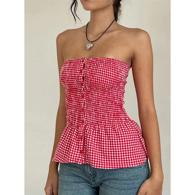 

Красный укороченный топ в клетку, женский сексуальный укороченный топ без бретелек с рюшами и подолом, без рукавов на пуговицах, кокетка на бретельках, эстетический укороченный топ в клетку с принтом, летний топ