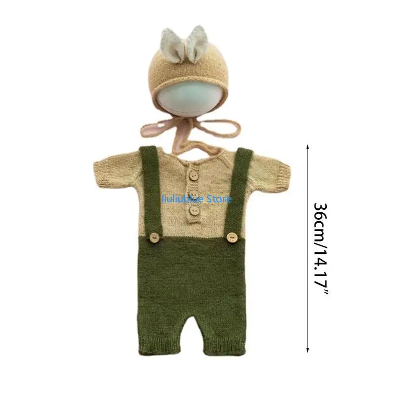 ทารกแรกเกิดการถ่ายภาพ Props เด็กน่ารักกระต่ายหมวกสำหรับตุ๊กตาทารกถ่ายภาพ หมวก Jumpsuit ชุดบอดี้สูทเสื้อผ้า 62CF