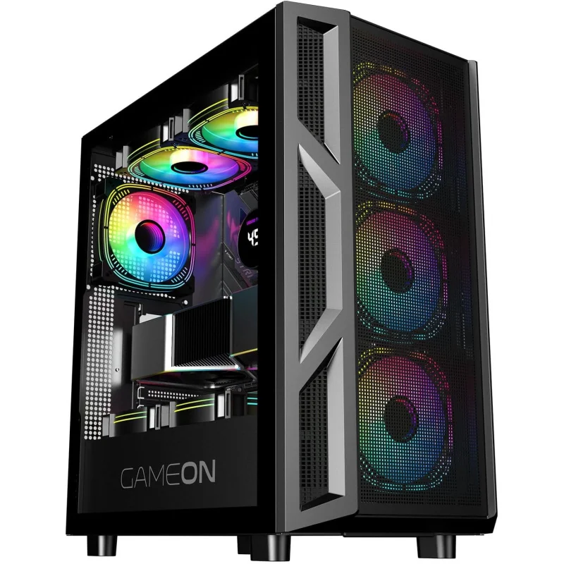 Gaming PC Case – ATX/M-ATX/ITX Support, Tempered Glass, ARGB+PWM Lighting, Pre-installed 4 Fans, 280mm Water Cooling Ready - Bla
