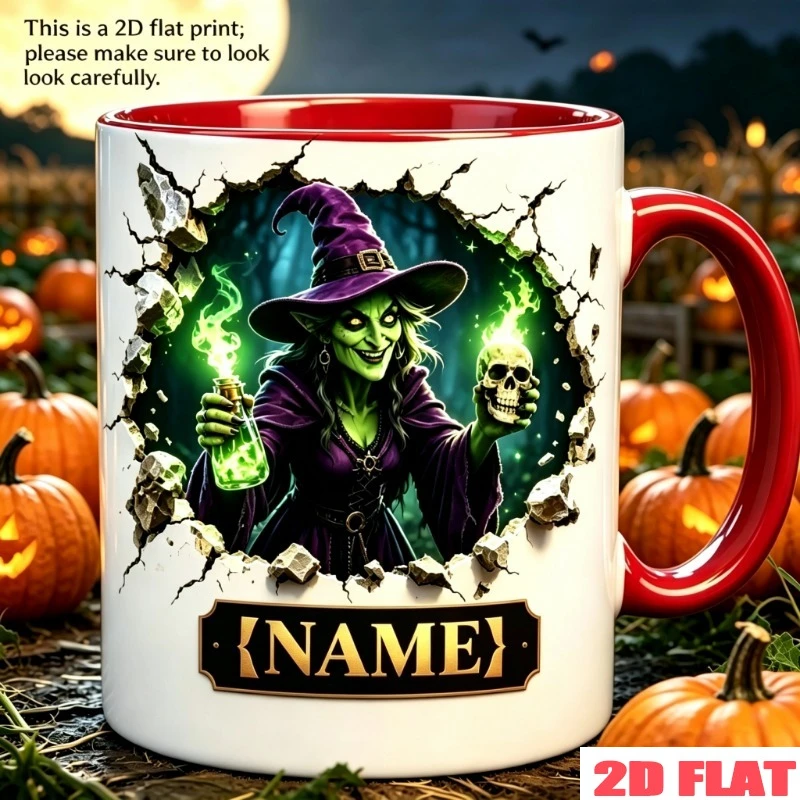 Personalized Halloween Witch Mug 11oz Ceramic Coffee Cup Custom Name Text Potion Skull Bat Print Gift for Magic Lovers