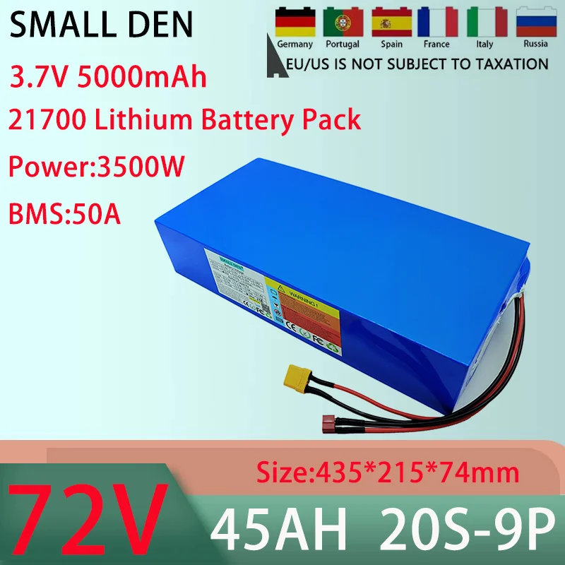 Lithium Battery Pack, 72V, 45AH 20S9P 21700, 50A BMS, 100-3500W, High-Power Rechargeable Battery, 84V, 5A Charger, New