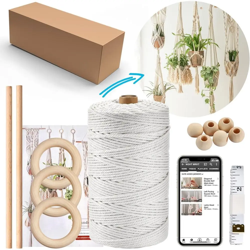 Plant Hanger Kit, 220 Yards Cord or Adult Beginners DIY Wall Hanging Kit, 2 Wooden Dowels + Manual + Ruler + Wooden Beads
