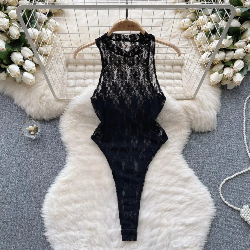 ssTss Sexy Lace Mesh Bodysuit for Women Fashion Summer Solid O Neck Sleeveless Hollow Out Slim Fit Bodycon Club Party Body Tops