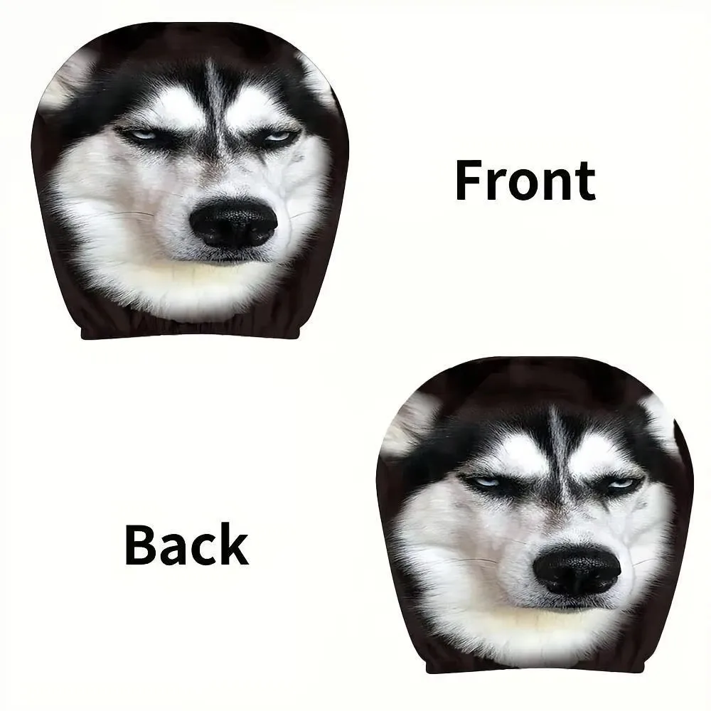 2Pcs 2D Printed Design Headrest Covers Elastic Fit Washable Husky Headrest Covers Car Interior Funny Skeptical Face