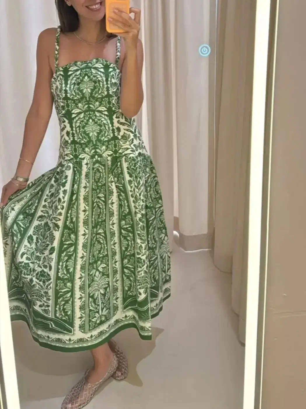 

Flower Print Women Green Sling Robe 2025 New Square Collar High Waist Sleeveless Holiday Female Maxi Dress
