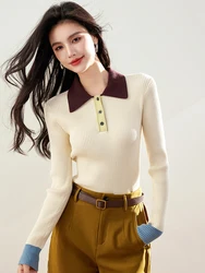 Women Fashion Elegant Lapel Pullover Autumn Winter New Simplicity Cozy Sweater Chic Temperament Slimming Knitted Top