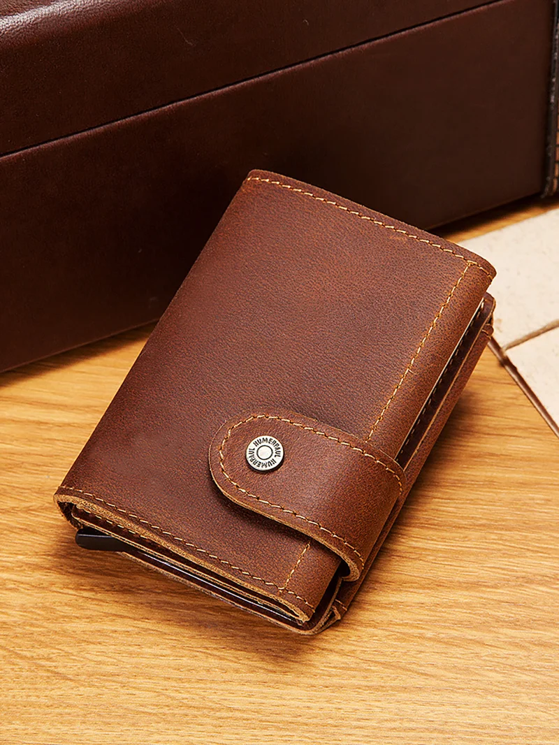 

First layer cowhide aluminum box double-layer card bag retro anti-theft brush automatic pop-up dollar clip real pickup cover