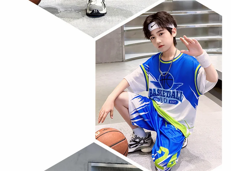 Schüler-Sportbekleidungsset für den Sommer Kinder-Sporttrikot Jungen-Team-Basketballanzüge Kinderkleidungsset Uniform 2-teiliger Trainingsanzug – Detail 3