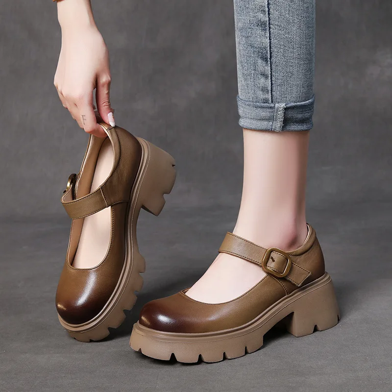 Spring Autumn Retro Women Pumps Genuine Leather Square Heel Round Toe Buckle Strap Solid retro Shoes For Women Khaki