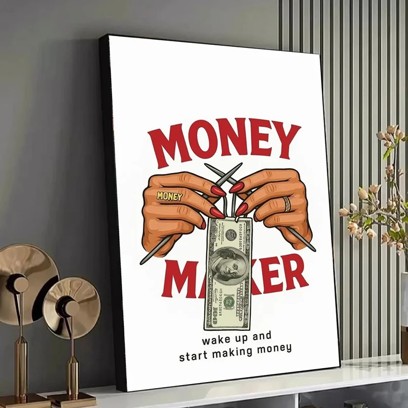 Motivational Money Maker Canvas, Hands Knitting Dollar Bill Art, Financial Success Quote Wall Decor, Inspirational Home Decor