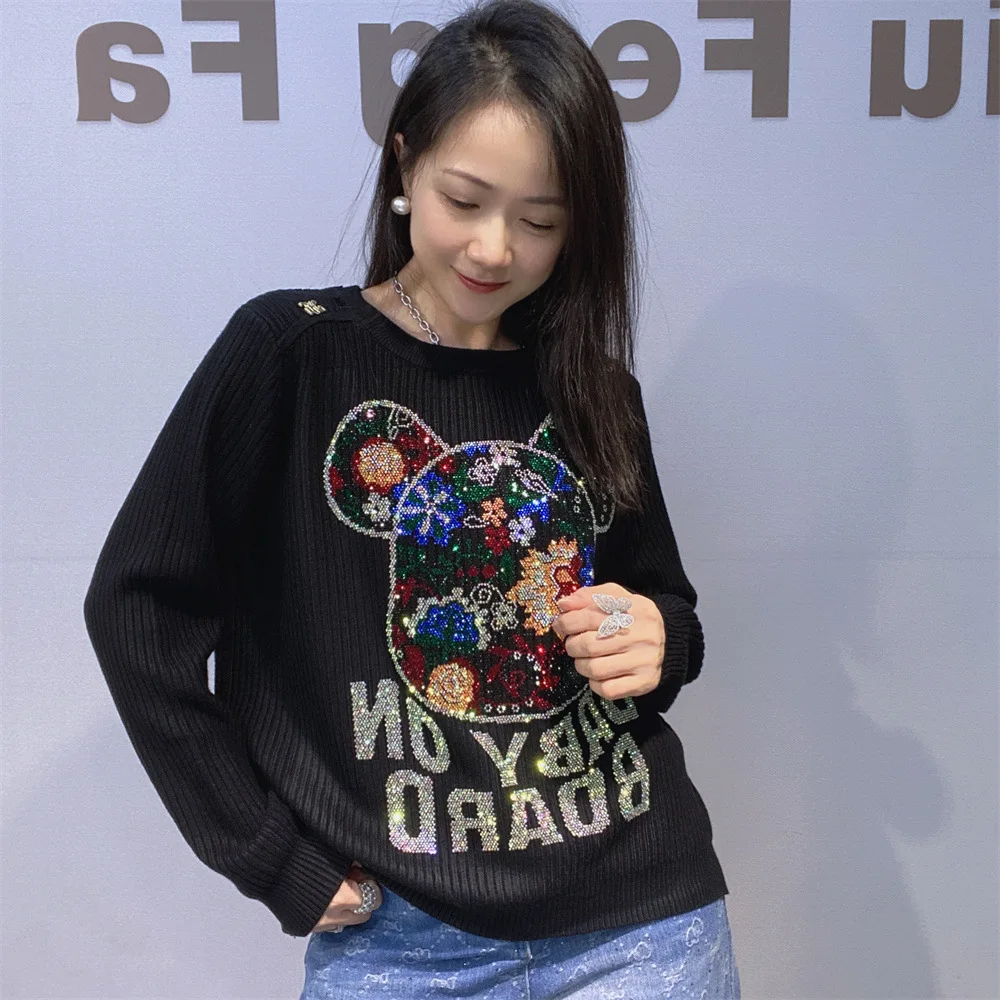 Lantejoulas dos desenhos animados urso malha pulôver camisola topos para mulher casual o pescoço manga longa malhas de grandes dimensões moda coreana