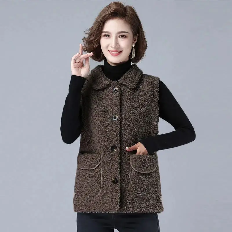 Plus Size Spring Autumn Women Button Waistcoat Lamb Hair Winter Thermal Warm Thick Fleece Vests Sleeveless Jacket Ladies Coats