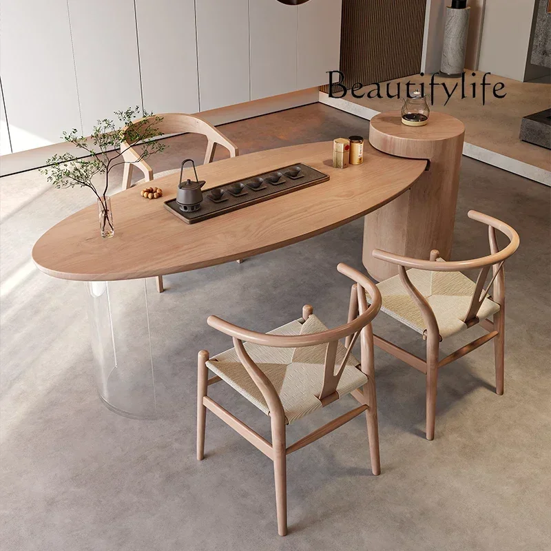 

NEW N household simple integration creative multi-functional tea table Nordic wabi-sabi cream wind solid wood tea table