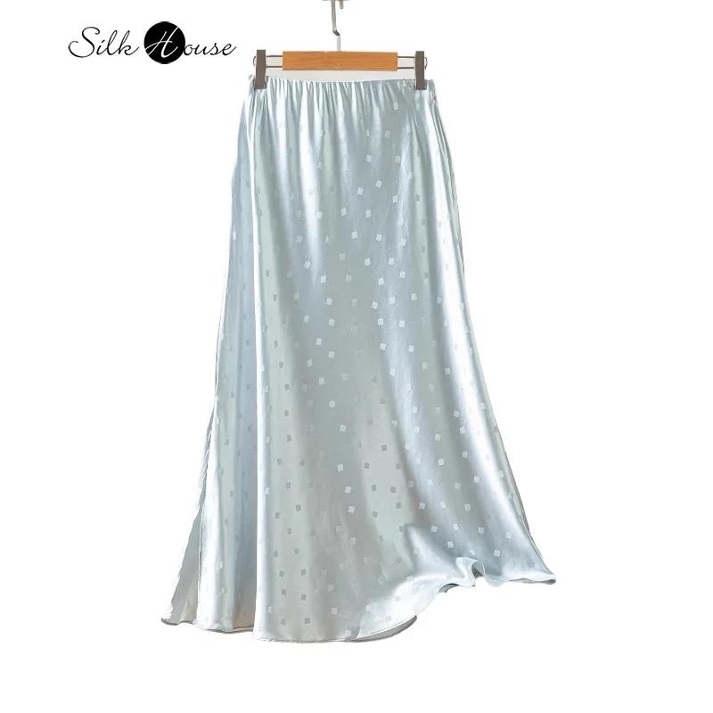 

Square Jacquard 93% Natural Mulberry Silk Heavy Duty Mulberry Wave Satin Commuter High Waist Light Blue A-line Fishtail Skirt