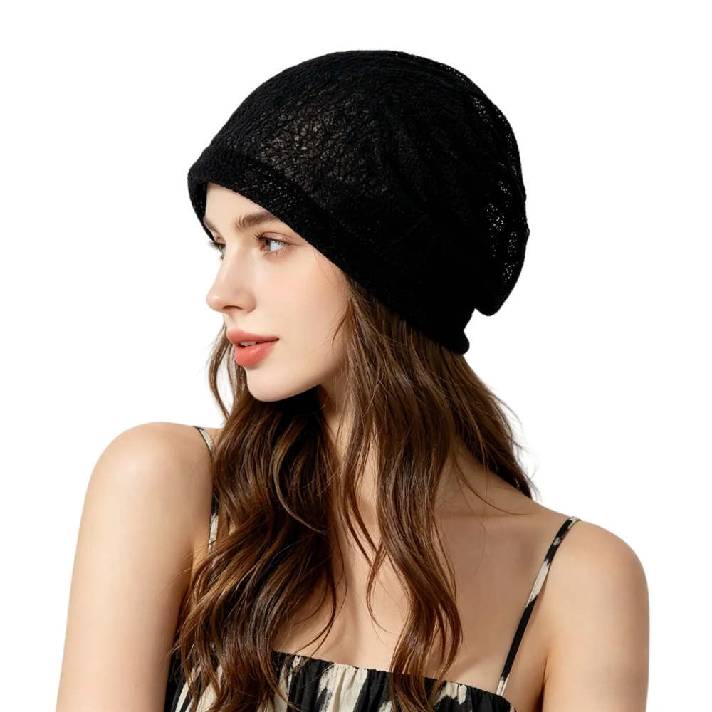Black Mesh Slouchy Beanie Hat for Women Lightweight Hollow Knit Summer Breathable Casual Streetwear Cap