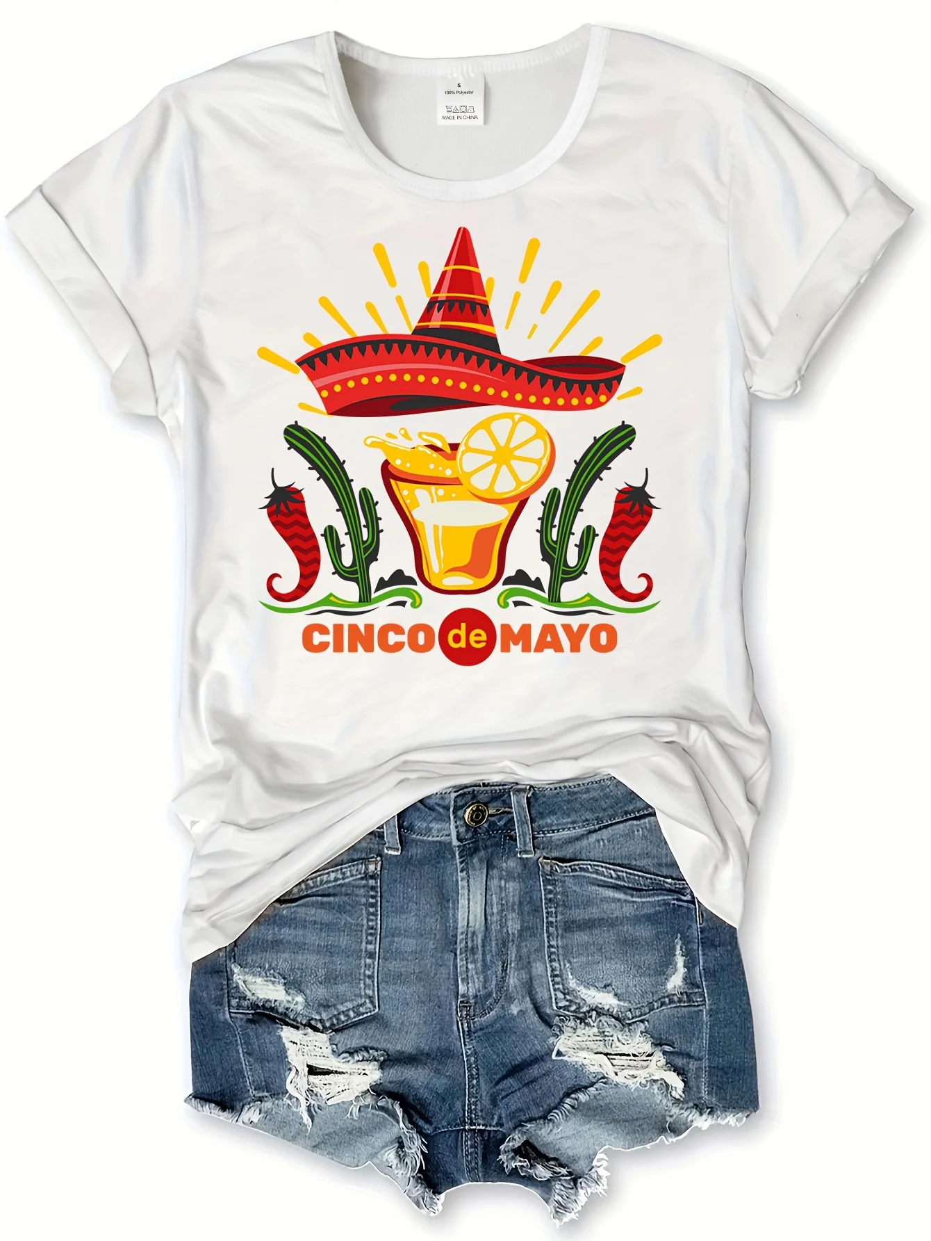 Cinco De Mayo Hat Print T-shirt, Short Sleeve Crew Neck Casual Top For Summer & Spring, Women's Clothing