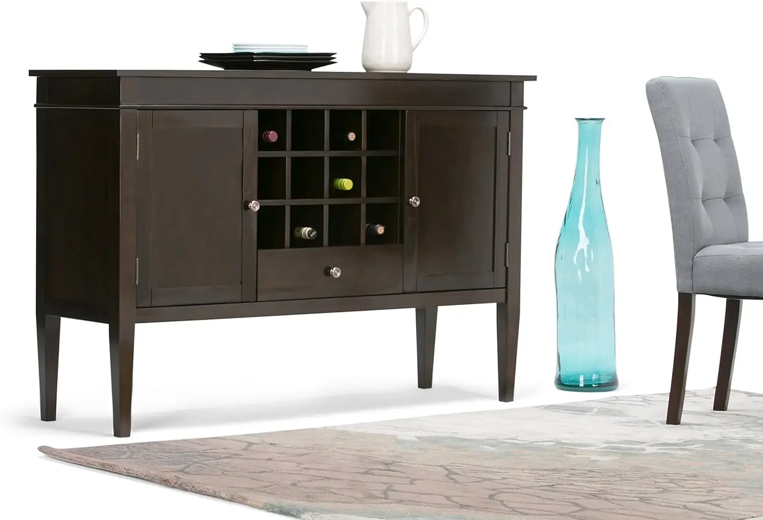 Solid Pine Wood 54 inch Transitional Sideboard Buffet Credenza in Dark Tobacco Brown features 2 Doors