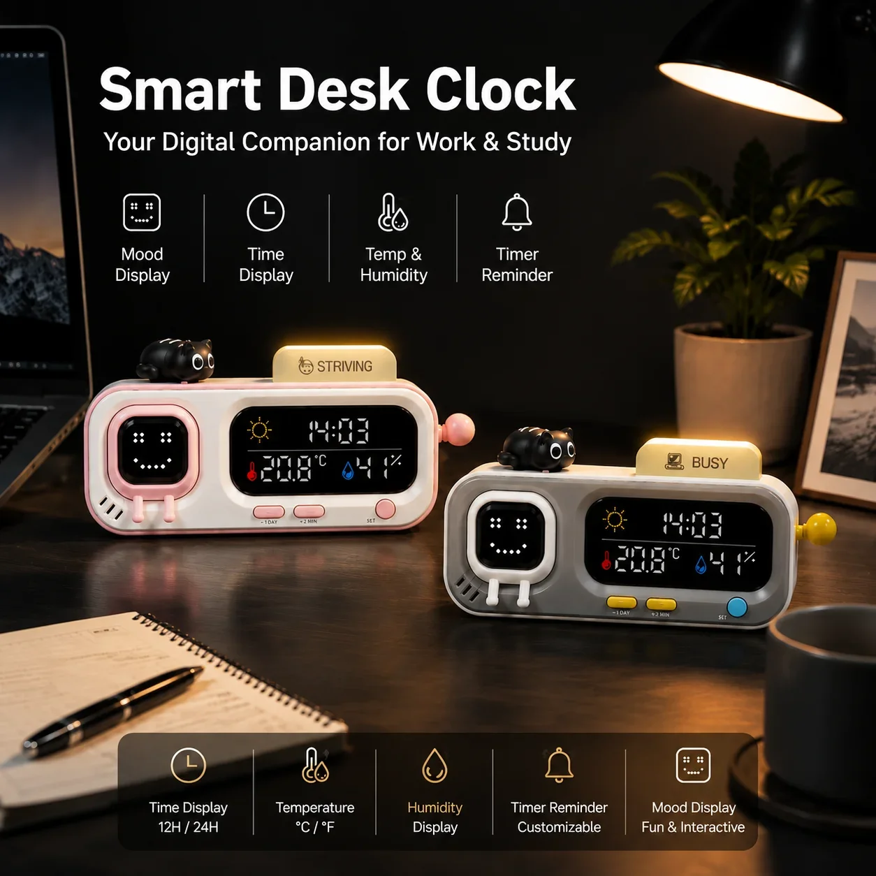 Smart Desktop Clock With Mood Indicator Temperature Humidity Display Countdown Timer Rechargeable Digital Clock for Table Decor