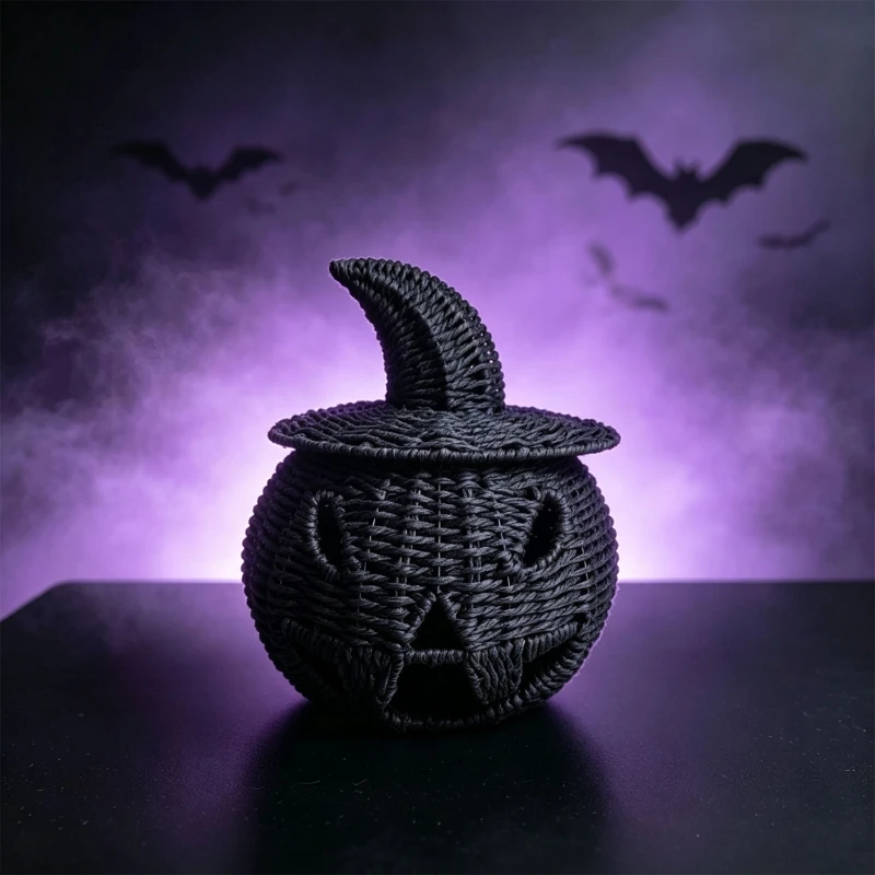Woven Faux Rattan Black Pumpkin Holder for Fall Tabletop, Shelf Styling A2BB