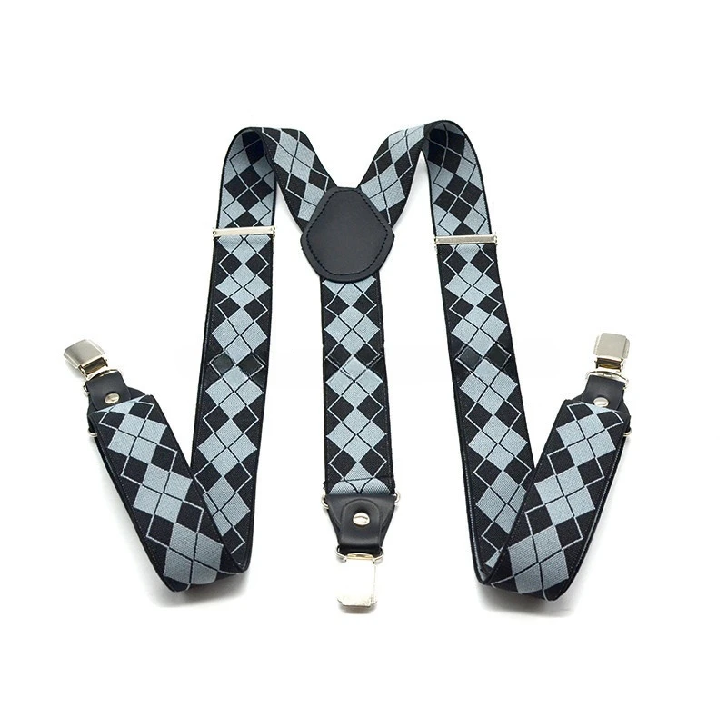 Adult Suspenders 3.5cm 3 Clips Y-Shaped Men's Checkered Elastic Suspender Clips Adjustable Fashion Party Accessories  braces