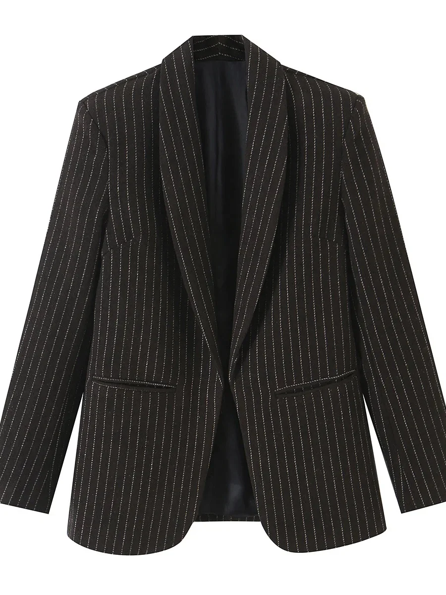 Retro Black Stripe Woolen Suit Jacket for Women Commute Buttonless Elegant Professional Workwear Loose Fit Long Sleeve