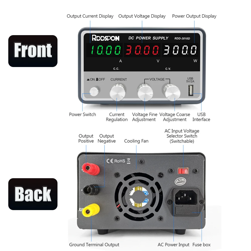 Imagem -05 - Power Supply Laboratório Manutenção Switch Regulador de Corrente de Tensão ac 220v 110v 30v 10a Usb 5v Rdd3010d Ajustável dc