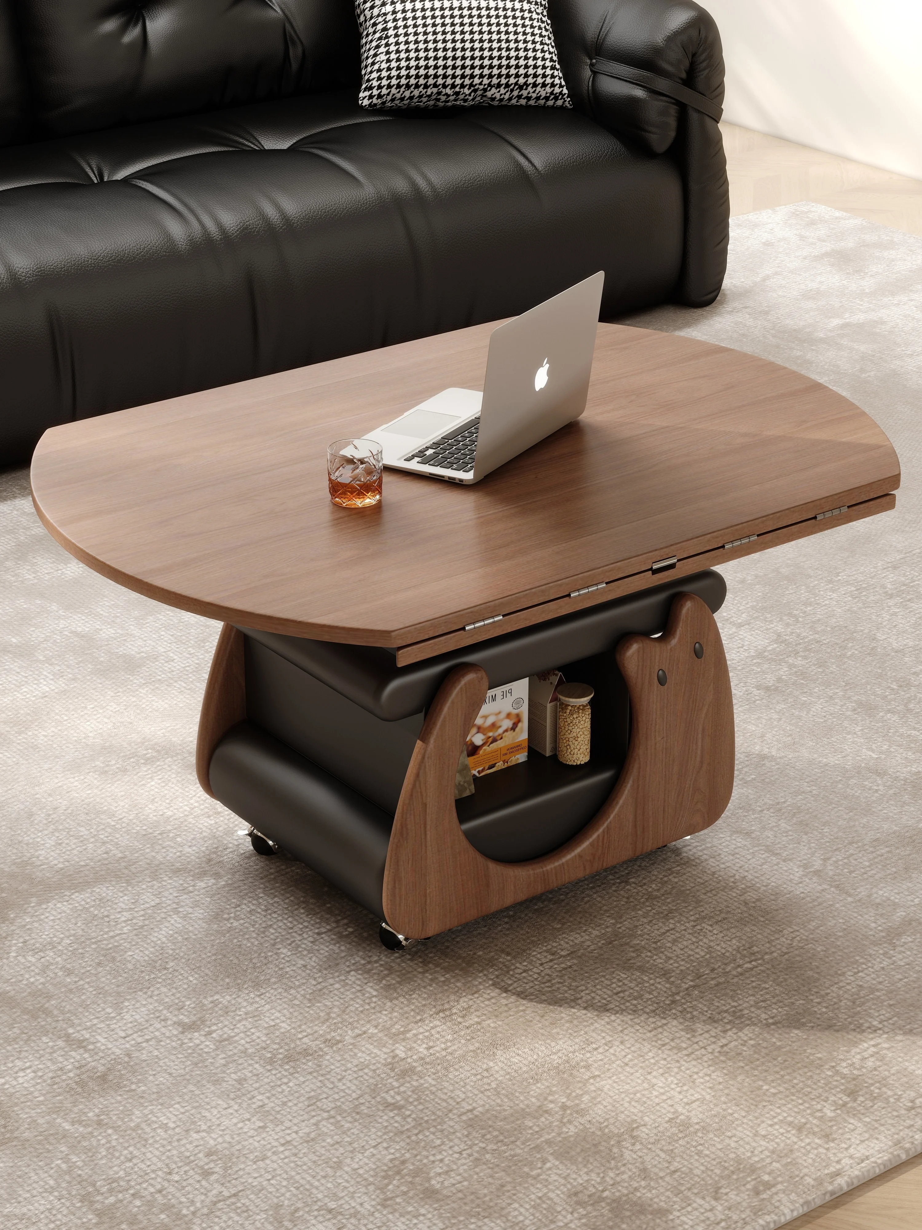 Cat Shaped Lift Coffee Table Foldable 360 Casters Brake Storage Walnut Veneer Multifunctional For Small Living Room Dining Desk