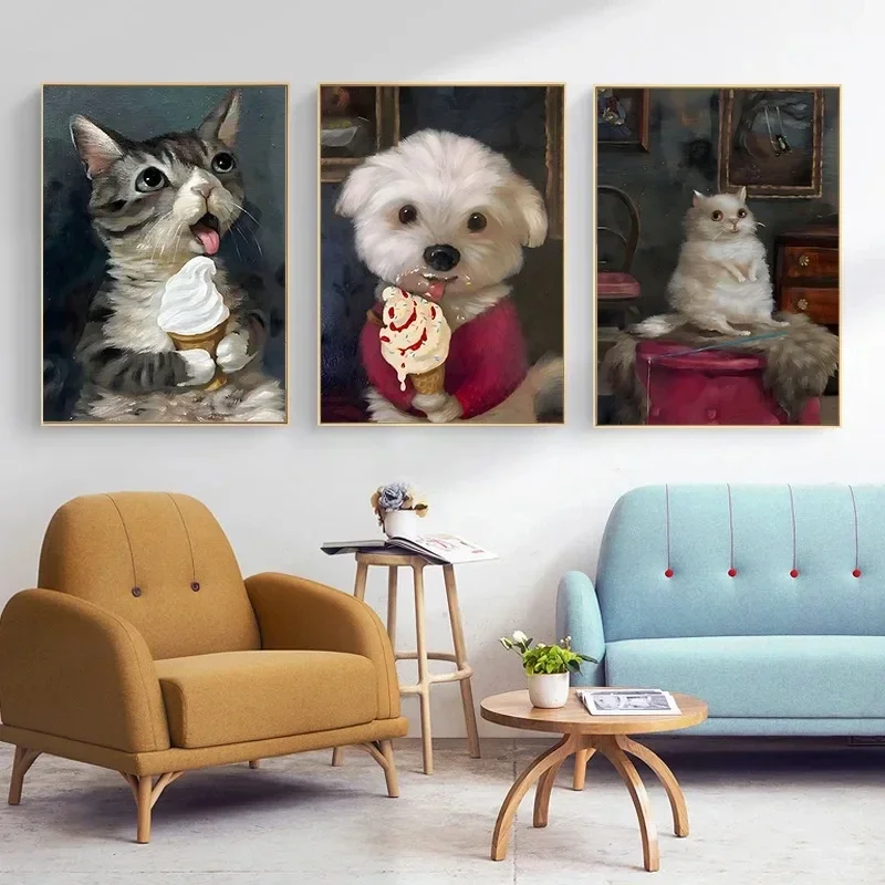 1pc frameless Canvas Painting Funny Animals Personify Poster Print Cat Dog Rabbit Hamster Eat Something Canvas Painting Wall Art