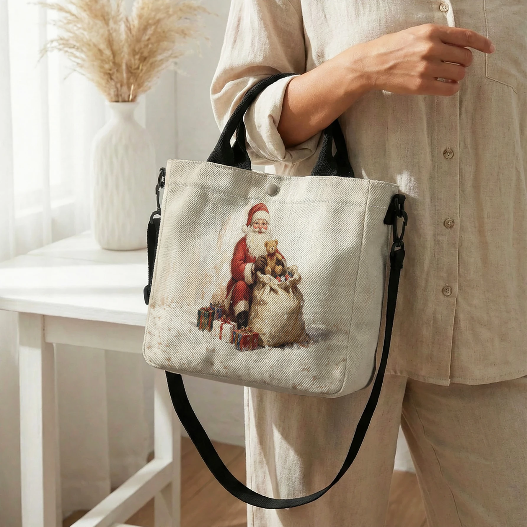 Santa Claus With Teddy Bear And Gifts Print Tote Bag, Detachable Strap Crossbody Handbag For Daily Work Shopping