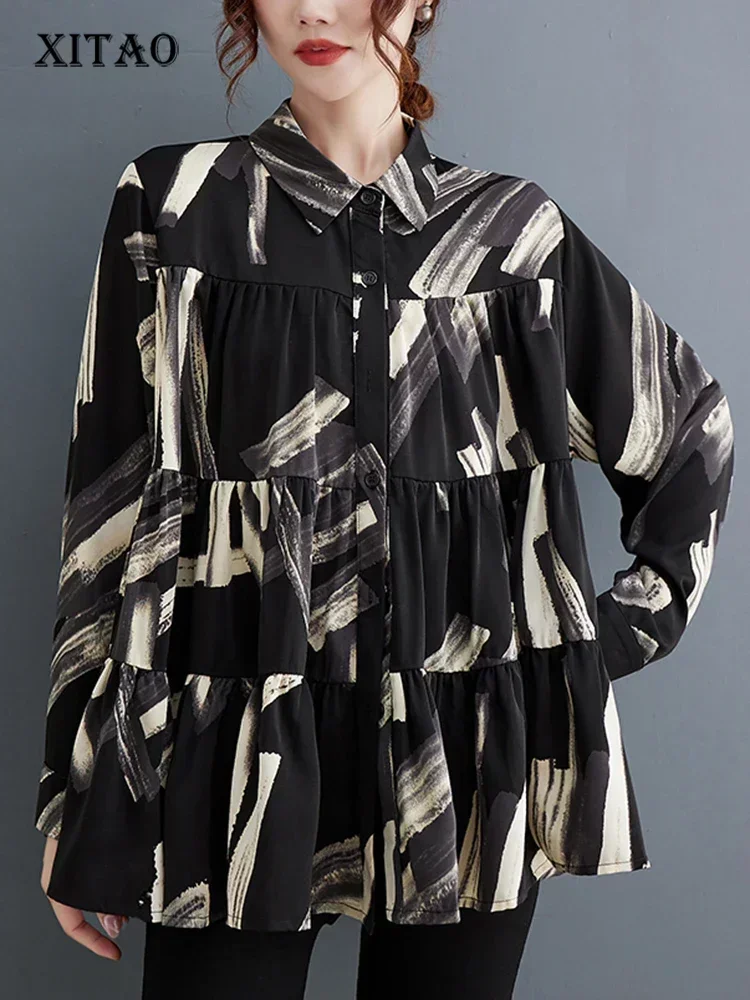 

XITAO Loose Print Folds Shirt Casual Fashion Single Breasted Women Autumn New Trend All-match Turn Down Collar Top LYD1281