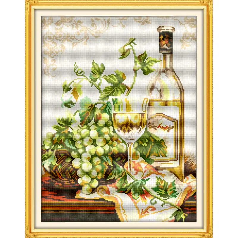 Green Grapes And Wine Joy Sunday Stamped Cross Stitch Set 14CT Count 11CT Printed Canvas Fabric Embroidery Kit DIY Kitchen Decor