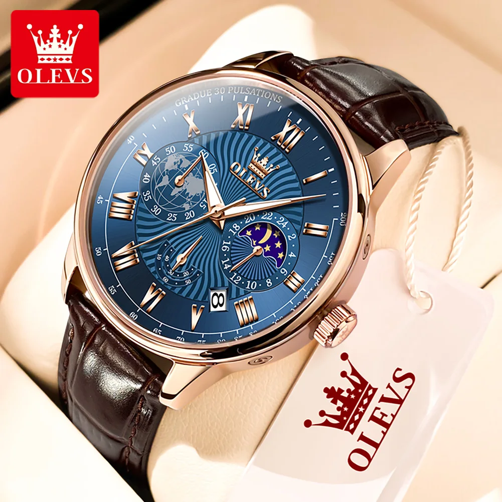 

OLEVS Luxury Brand Moonswatch Fashion Quartz Watch for Men Leather Strap Waterproof Men's Chronograph Moon Phase Man Wristwatch