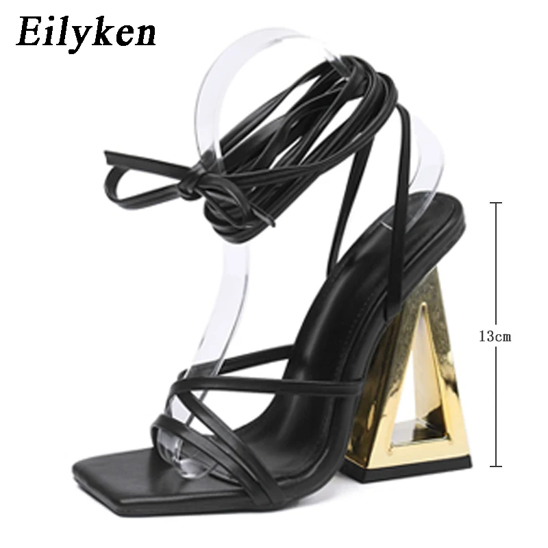 Eilyken Size 35-42 Golden Party Square Toe Woman Sandals 2024 Fashion Ankle Lace-up Fretwork High Heels Female Shoes