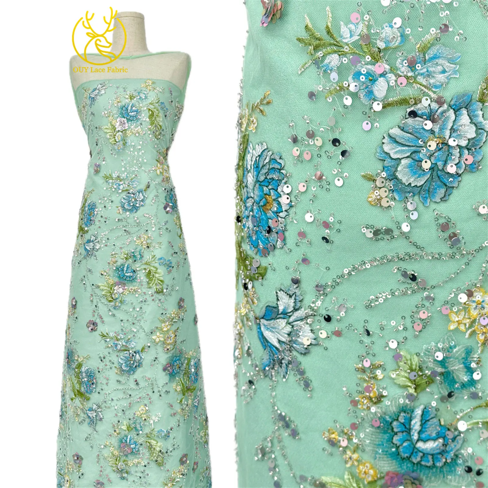 Elegante DIY handgemachte Stickerei-Blumenspitze, afrikanische Perlen-Spitze, französische Pailletten-Tüllspitze für Hochzeitskleid-Design – Detail 14