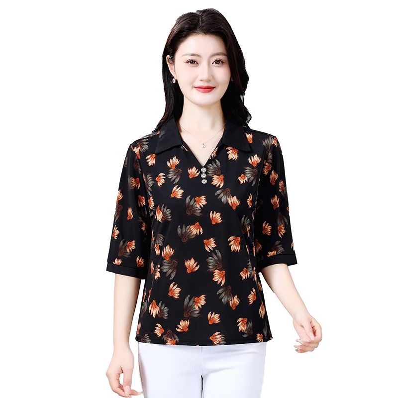 قميص صيفي نصف كم، بلوزات نسائية فضفاضة بأزرار مطبوعة من الحرير الجليدي #3