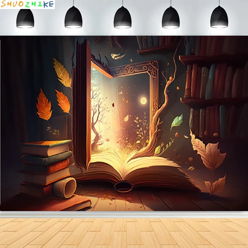 Fondo de fotografía de Castillo Medieval místico de cuento de hadas, accesorios de paisaje, bruja, libro mágico, mundo de fantasía, fondo de bosque MA09