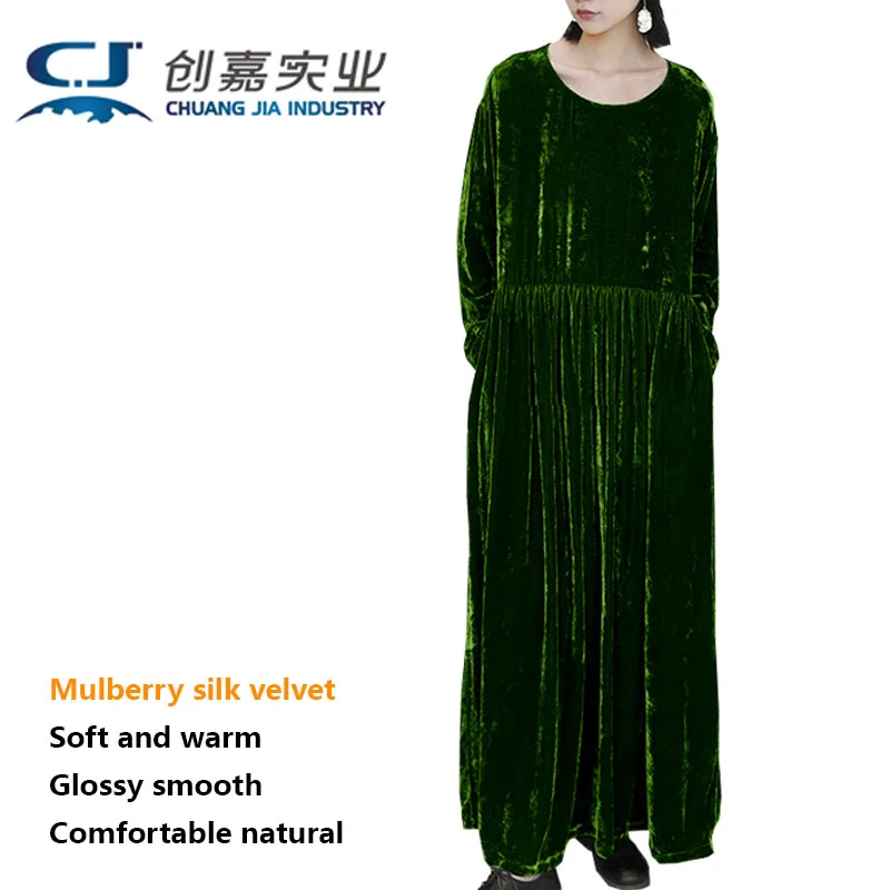 

Original Design Mulberry Silk Velvet Female Spring Autumn Long-sleeved Crew Neck Long Style Dress Black Silky Loose Fat Girl 5XL