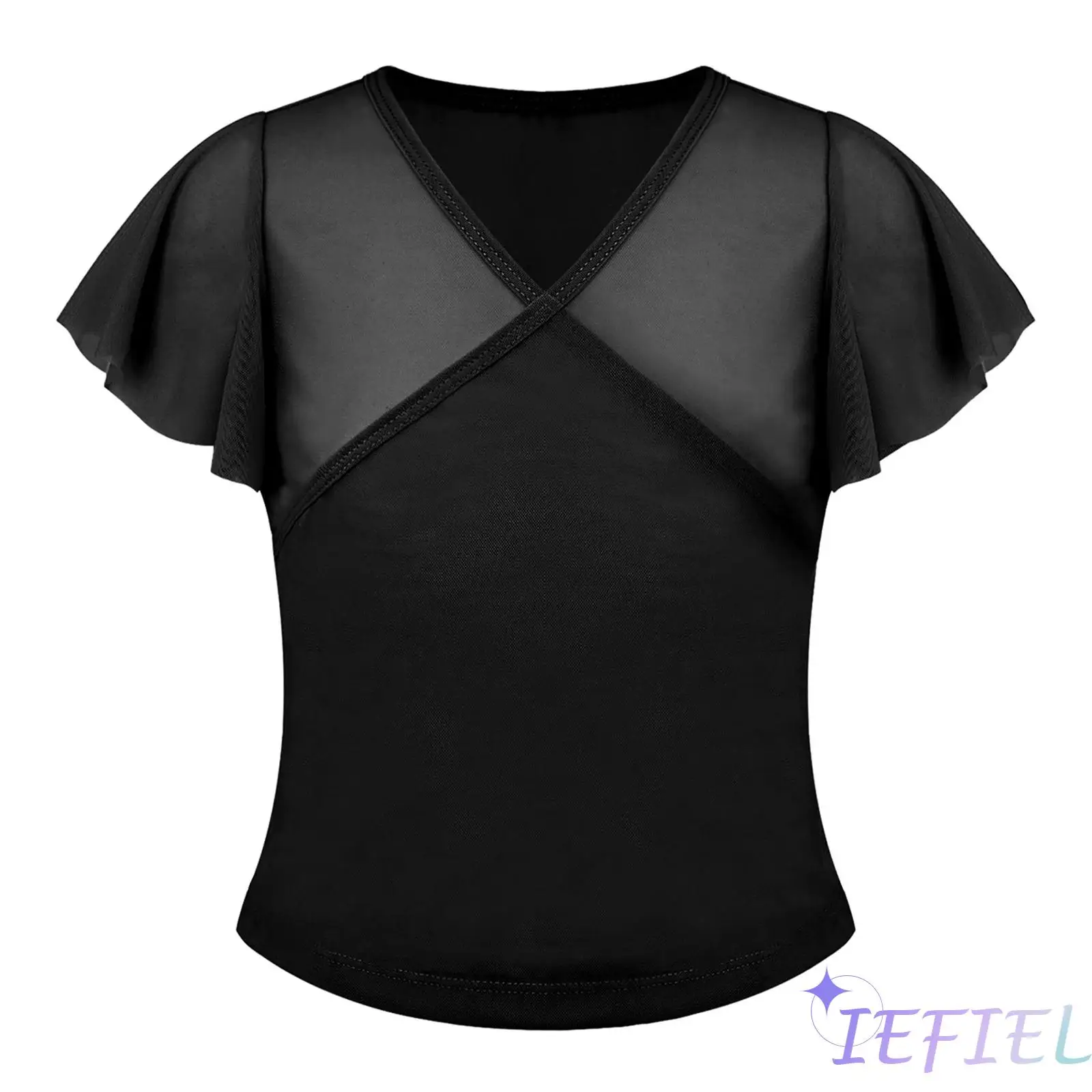 

Kids Girls Ice Skating Dance Top Outfit Mandarin Button And V Neck Wrap Short Sleeve Tops for Yoga Gymnastics Warm Up Training