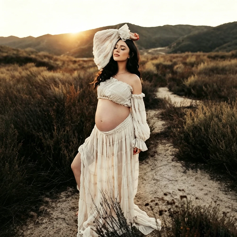 Robe de grossesse bohème en mousseline 2 pièces pour séance photo, robe longue de baby shower, tenue à épaules dénudées avec manches lanternes et fente froncée