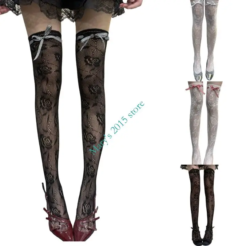 

E15F Women Comfort Over Knee Socks Breathable Hollows Out Design Rose Floral Pattern Secure Tie Closure Thigh High Stockings