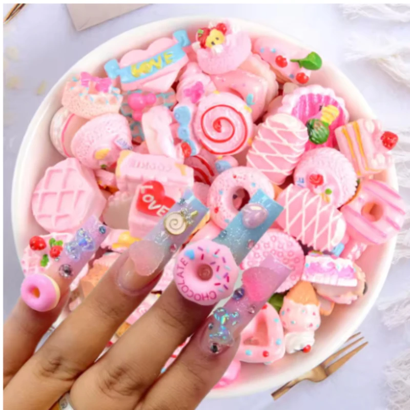 

50pcs/bag Assorted Styles Faux Food DIY Resin Jewelry Components Candy Cartoon Animal Cream-style Polymer Clay Nails Decorations