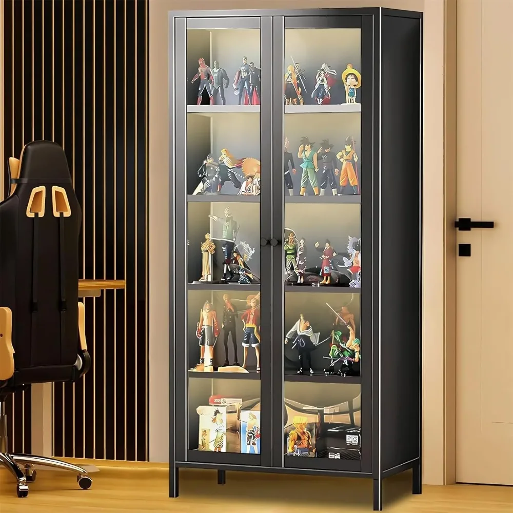 5-Tier Display Cabinet with Acrylic Doors,67” Transparent Bamboo Curio Display Case for Figures,Display Shelves for Collectible